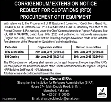 Strengthening Institution for Refugees Administration Islamabad Tender Notice